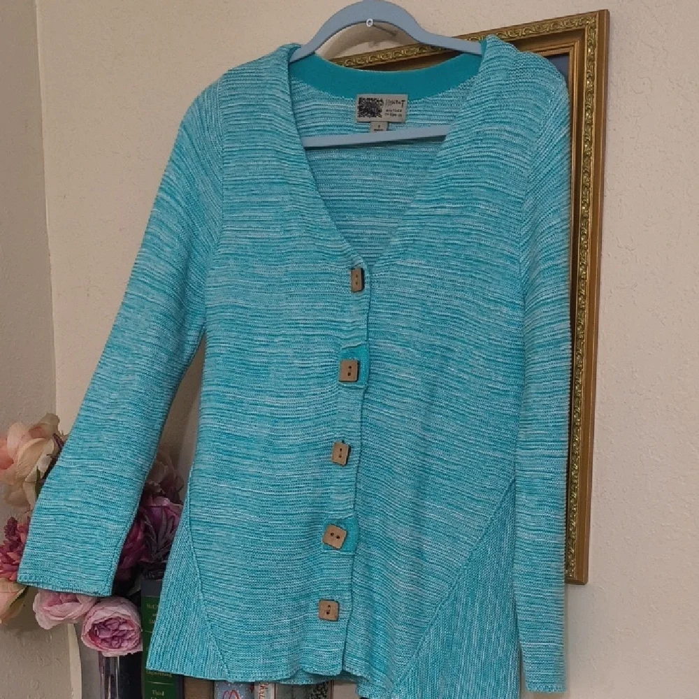 Habitat Turquoise Cardigan with Wooden Buttons Natural Materials Cozy Boho - Picture 4 of 15
